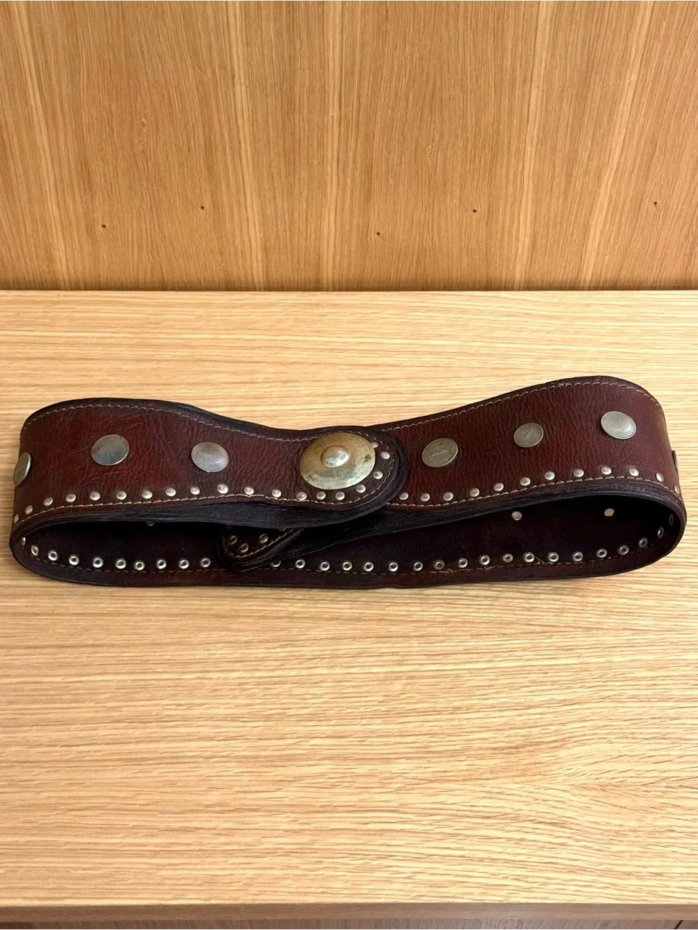 Vintage 1970s Coin-Studded Wide Leather Waist Belt w/ Brass Accent, Men’s XL